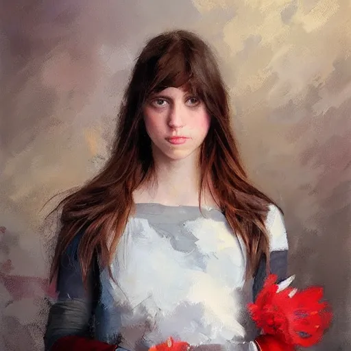 Prompt: a brown haired girl with catlike slitted gray eyes that catch the light. fingerless gloves. a red cravet with a silver gemstone upon it. arm braces with intricate patterns. by ruan jia. rhads