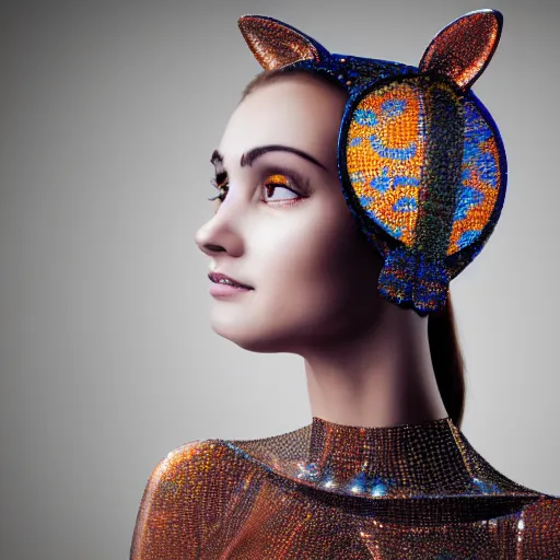 Image similar to mosaic of a cute young woman with robot ears and eyes, 4k, intricate details