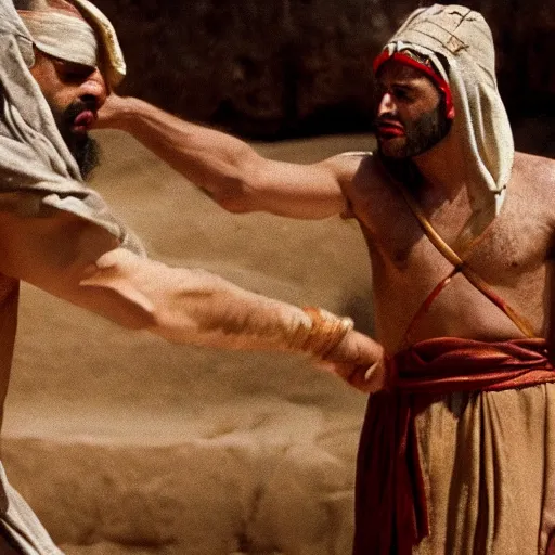 Image similar to cinematic still of angered middle eastern skinned man in ancient Canaanite clothing stabbing another middle eastern skinned man in ancient Canaanite clothing, Biblical epic by Christopher Nolan