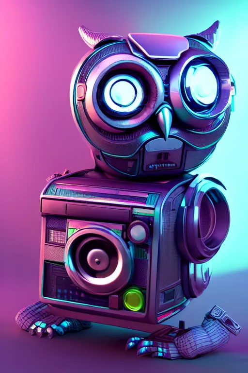 Image similar to high quality 3 d render very cute cyborg owl! with boombox!, cyberpunk highly detailed, unreal engine cinematic smooth, in the style of blade runner & detective pikachu, hannah yata charlie immer, moody light, low angle, uhd 8 k, sharp focus