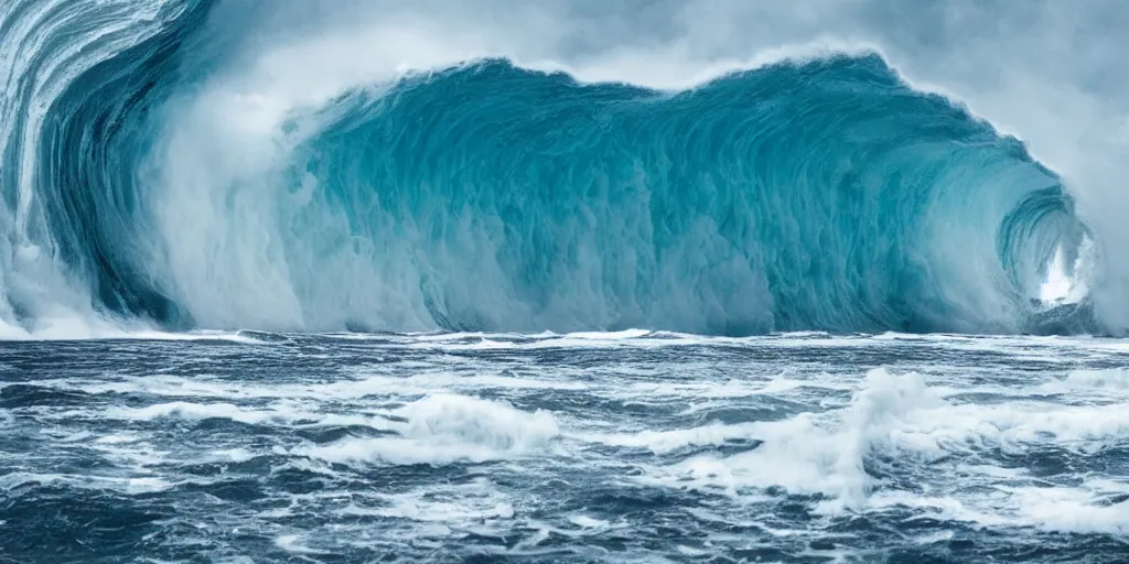Prompt: inside view of the huge breaking wave of the sea