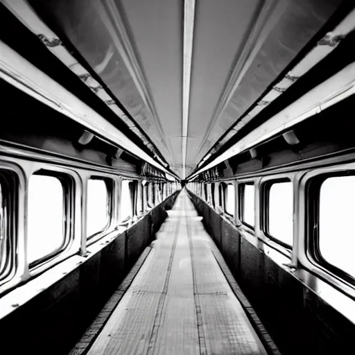 Prompt: looking down the interior of an infinitely long train from the inside of a carriage