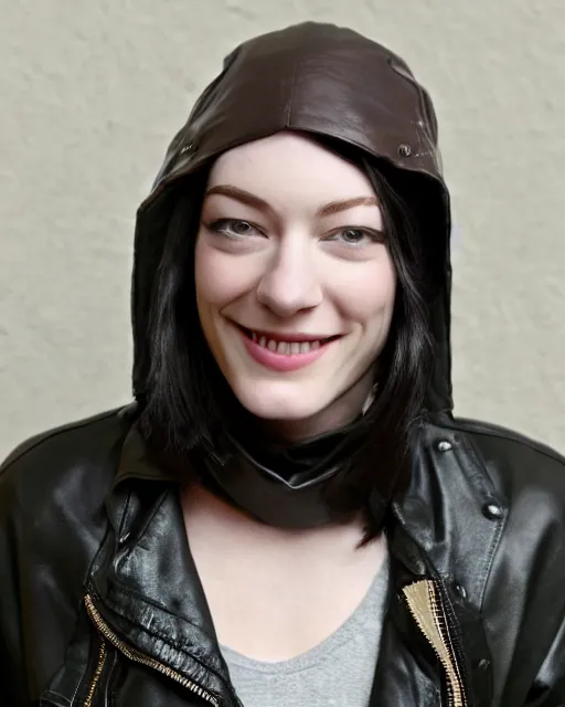 Image similar to headshot of a smiling, stoya, she is wearing a leather bomber cap on her head, she is also wearing an a 2 flight jacket, a long green wool scarf is wrapped around her neck