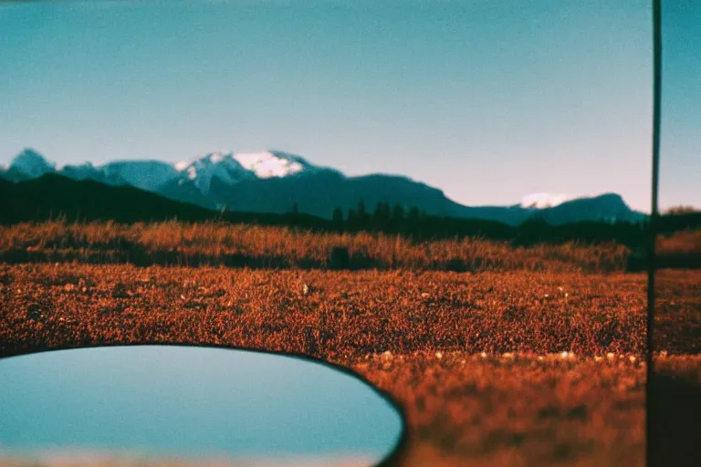 Image similar to film color photography, close-up mirror that reflected red at the green lawn, no focus, mountains in distance, 35mm