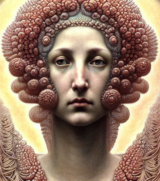 Image similar to detailed realistic beautiful coral goddess face portrait by jean delville, gustave dore, iris van herpen and marco mazzoni, art forms of nature by ernst haeckel, art nouveau, symbolist, visionary, gothic, neo - gothic, pre - raphaelite, fractal lace, intricate alien botanicals, ai biodiversity, surreality, hyperdetailed ultrasharp octane render