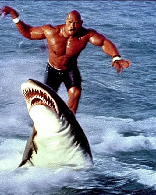 Image similar to film still close up shot of dwayne johnson fighting with a shark in the movie jaws. photographic, photography