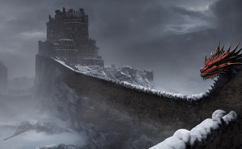 Image similar to A dragon flying over the high city wall in the snowstorm, doomy, Unreal Engine, cinematic photography, highly-detailed, games of thrones, HBO, high resolution