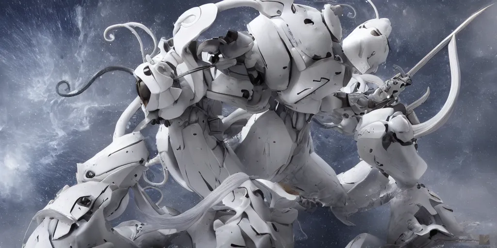 Prompt: 3d render of a white guardian from sidonia no kishi with a kabizashi lance in melee combat with a horrifying tentacles monster in empty stellar space, 150mm, white metallic, wires, microchip, japanese mecha style, highly detailed, white robot, rim light, flashy red lights, tsutomu nihei style