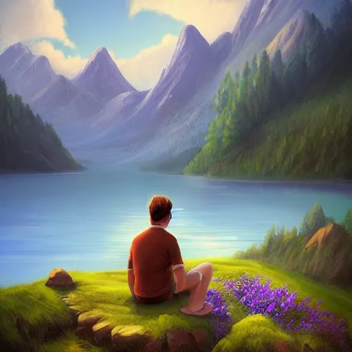 Prompt: digital painting of mountain landscape with a lake and character near the water by philip sue art, by philip sue and rhads, contest winner on behance, dark blue, lavender, light blue color scheme