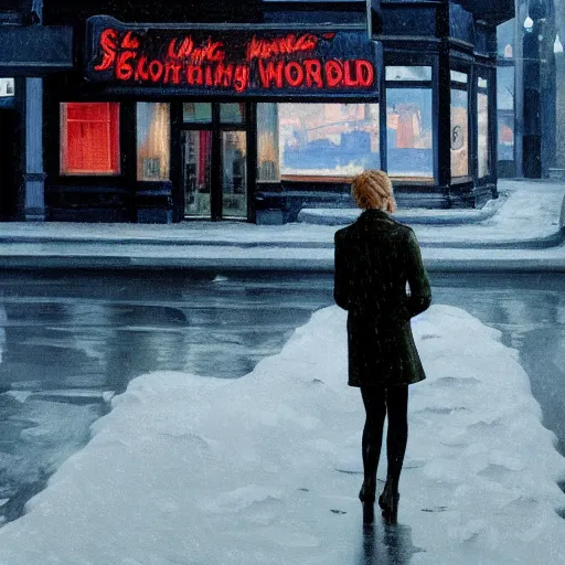 Image similar to Elle Fanning covered in blood in the world of Edward Hopper, stormy snowy weather, streetlights, extremely detailed masterpiece, oil on canvas, low-key neon lighting, artstation, Blade Runner 2049, Roger Deakin’s cinematography, by J. C. Leyendecker and Peter Paul Rubens,