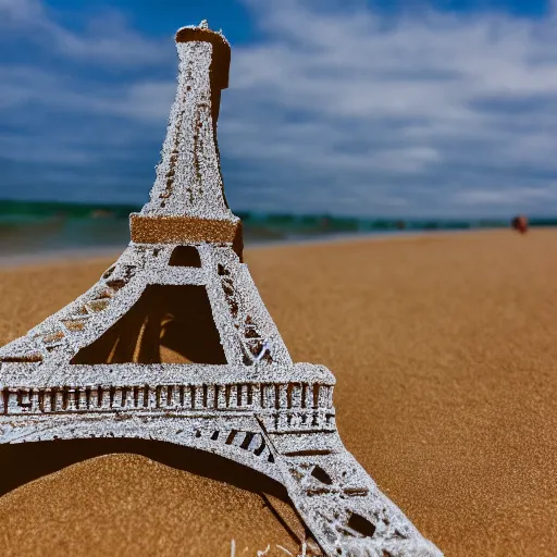 Image similar to photography of eiffel tower made of sand on the beach with the ocean in background