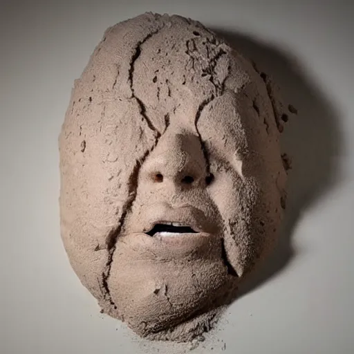 Image similar to a pile of extremely wet and barely moldable clay has been squished into the form of a human face, the artist is squishing his work in his hands, and the clay is looking hilarious like a face being squished