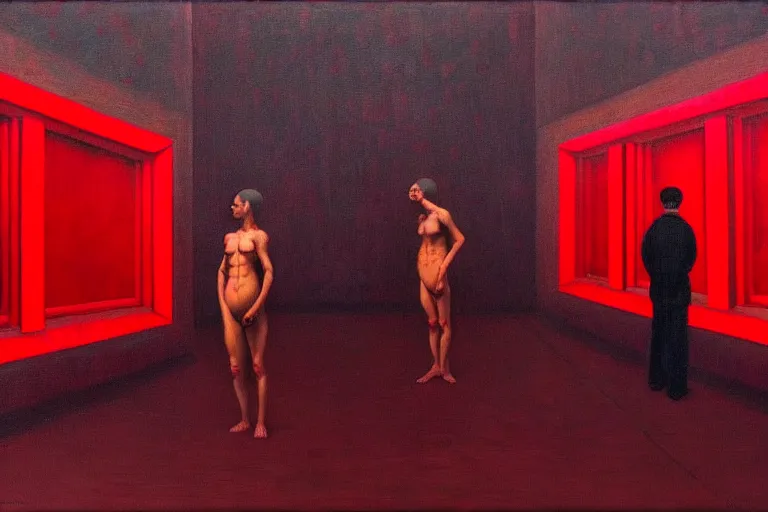 Image similar to only with red, crowd delirious at the sight of a painting, in a city square, in the style of beksinski, parts by edward hopper, parts by rodcenko, parts by yue minjun, intricate and epic composition, red by caravaggio, insanely quality, highly detailed, masterpiece, red light, artstation, 4 k