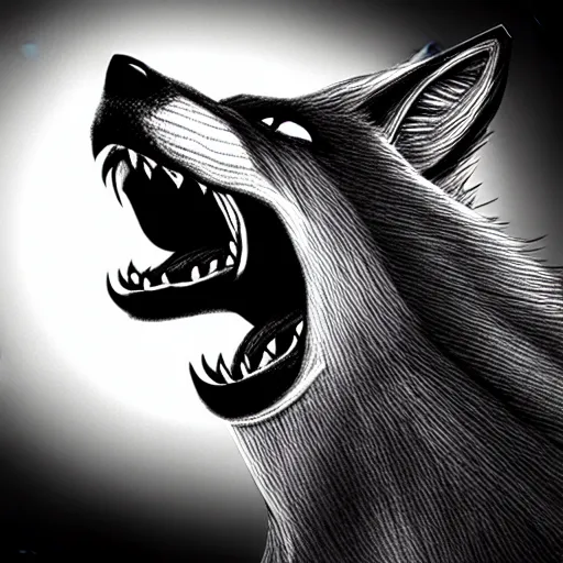 Image similar to werewolf howling at the full moon, side angle, artstation, highly detailed, intricate, pencil