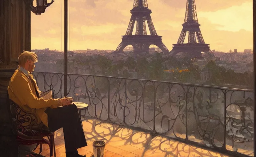 Image similar to elegant man drinking coffee at balcony in france, city with eiffel tower seen behind, moody sunset, late night, detailed characters, by greg rutkowski, alphonse mucha, beeple, sharp focus, digital art, smooth, light refraction, pixiv art, volumetric lighting, makoto shinkai