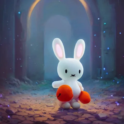 Image similar to Miffy-Miffy Bon-Bons the Bunny Girl, huggy wuggy from poppy playtime video game, fullbody, ultra high detailed, glowing lights, oil painting, Greg Rutkowski, Charlie Bowater, Beeple, unreal 5, DAZ, hyperrealistic, octane render, RPG portrait, dynamic lighting, fantasy art, beautiful face