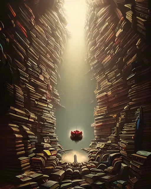 Image similar to highly detailed surreal vfx portrait of a creepy monster in a catacomb of books, stephen bliss, unreal engine, greg rutkowski, loish, rhads, beeple, makoto shinkai and lois van baarle, ilya kuvshinov, rossdraws, tom bagshaw, alphonse mucha, global illumination, detailed and intricate environment