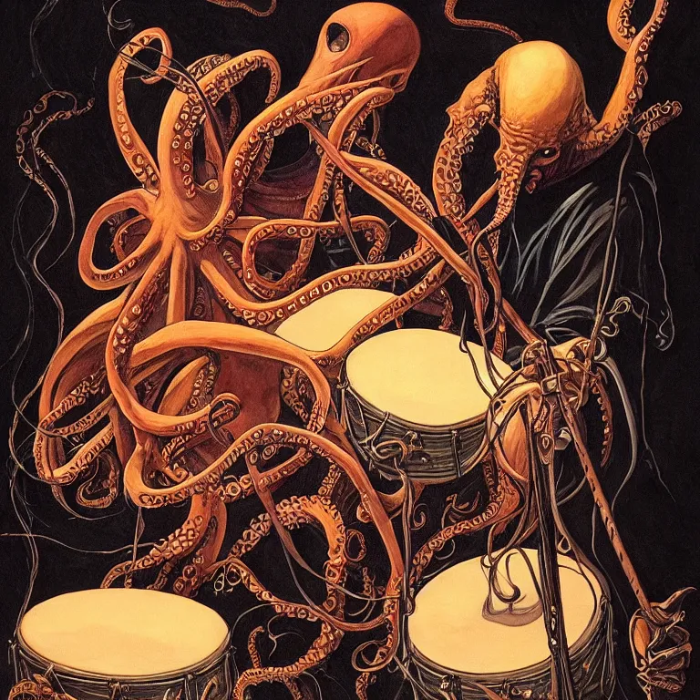 Image similar to a beautiful painting by gerald brom of a couple of octopus playing drums and telecaster guitar in an electronic concert, black background, concert light, dark mood, warm lights