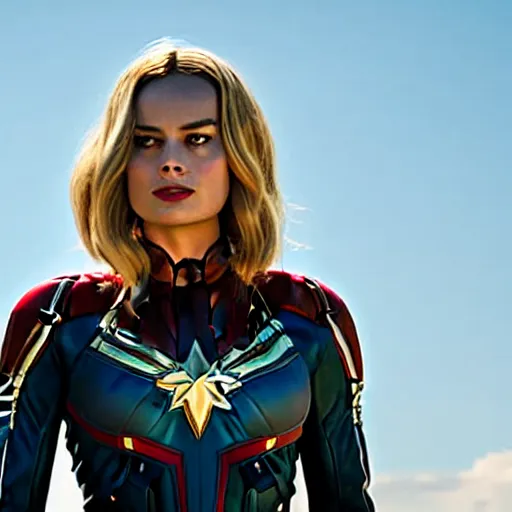 Image similar to Margot Robbie as real-life Captain Marvel, cinematic, Wide-shot, atmospheric lighting, directed by Quentin Tarantino, extreme detail, 8K, movie still