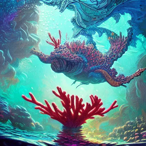 Image similar to coral underwater colorful, fantasy, intricate, highly detailed, digital painting, hd, trending on artstation, illustration, fine lines, sharp edges, colourful, style of stanley artgerm and greg rutkowski and dan mumford