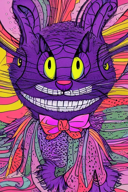 Image similar to cheshire cat, art by brian miller, colorful, illustration, highly detailed, simple, no jagged lines, smooth