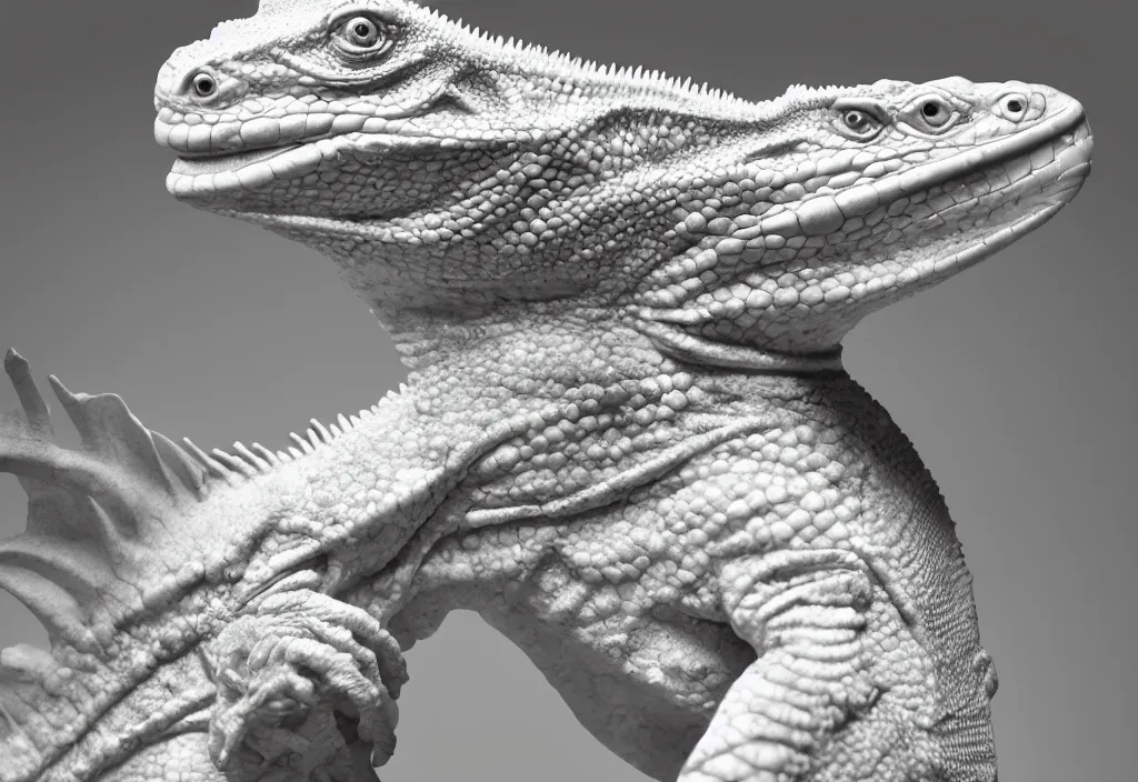 Image similar to photograph of a sculpture on marble white of a iguana , made from Gian Lorenzo Bernini, artstation, hyper realistic, drammatic light