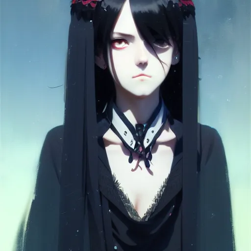 Image similar to portrait of goth girl, finely detailed features, perfect art, trending on pixiv fanbox, painted by greg rutkowski makoto shinkai takashi takeuchi studio ghibli, akihiko yoshida,