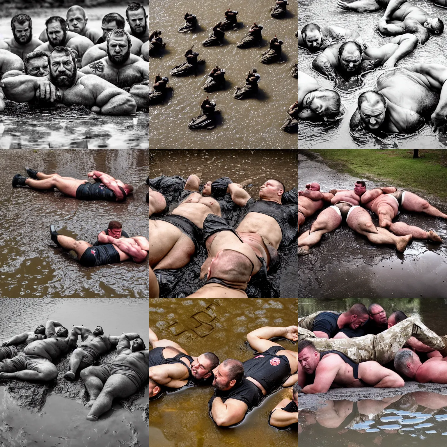 Prompt: regiment of big burly military strongmen laying down together in a puddle of slimy goo, photography