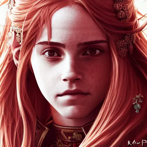 Prompt: emma watson as a long - red - haired female knight as an absurdly beautiful, elegant, young sensual anime girl,, ultrafine hyperrealistic detailed face illustration by kim jung gi, irakli nadar, intricate linework, sharp focus, bright colors, matte, final fantasy, unreal engine highly rendered, global illumination, radiant light, intricate environment