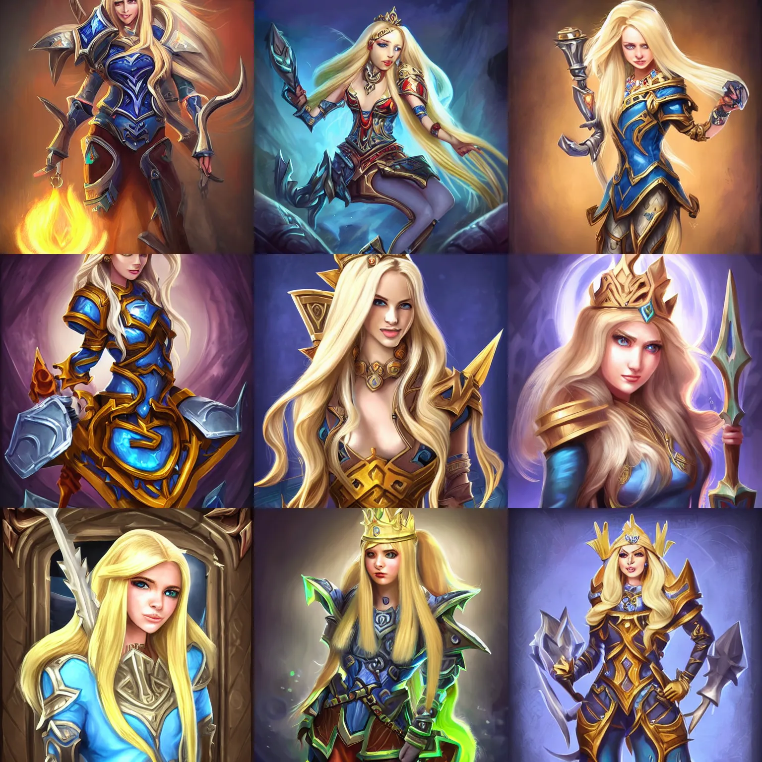 Prompt: long hair blonde girl in trident metal crown dressed in shoulder padded suit official hearthstone league of legends art