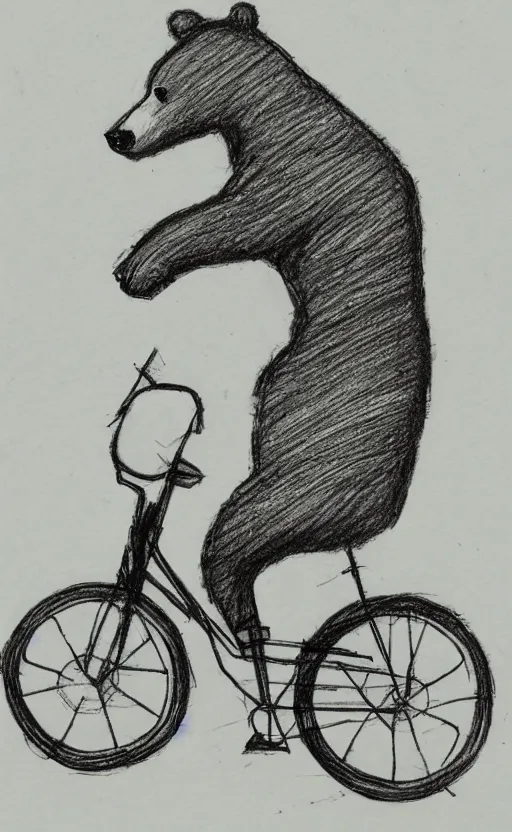 Image similar to sketch drawing of a bear riding a bicycle