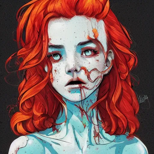 Image similar to Highly detailed portrait of pretty punk zombie young lady with, freckles and beautiful hair by Atey Ghailan, by Loish, by Bryan Lee O'Malley, by Cliff Chiang, inspired by image comics, inspired by graphic novel cover art, inspired by papergirls !! Gradient color scheme ((grafitti tag brick wall background)), trending on artstation