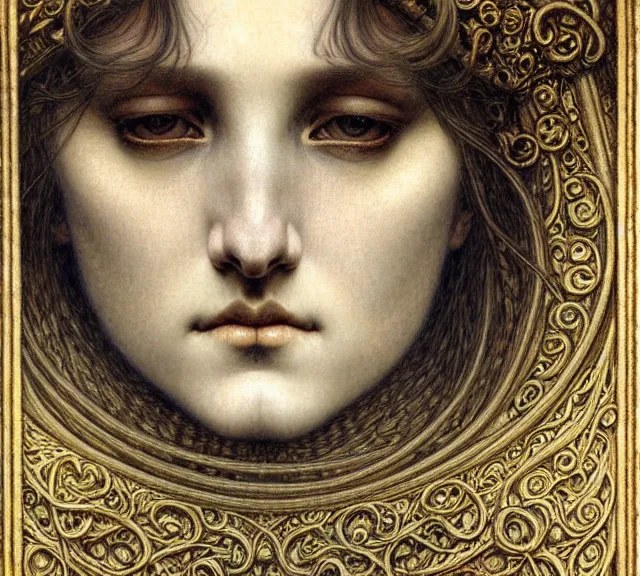 Image similar to detailed realistic beautiful young medieval queen face portrait by jean delville, gustave dore and marco mazzoni, art nouveau, symbolist, visionary, gothic, pre - raphaelite. horizontal symmetry