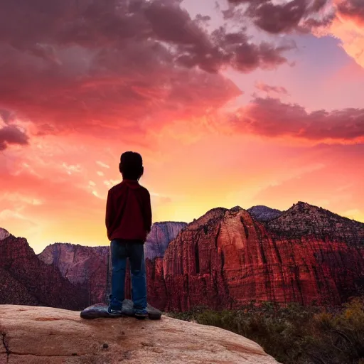 Image similar to award winning cinematic still of a young boy praying in zion national park, rock formations, colorful sunset, epic, cinematic lighting, dramatic angle, heartwarming drama directed by Steven Spielberg