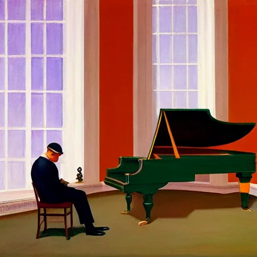 Image similar to painting of a man sitting at a grand piano, but not playing. he's looking into the void. by edward hopper and james gilleard