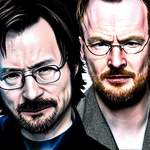 Prompt: Hideo Kojima and Christopher Nolan as Jesse Pinkman and Walter White, matte paint, portrait, very coherent, airbrush