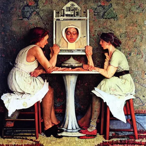 Image similar to The Three Fates weaving the lives of countless souls, artist is Norman Rockwell,