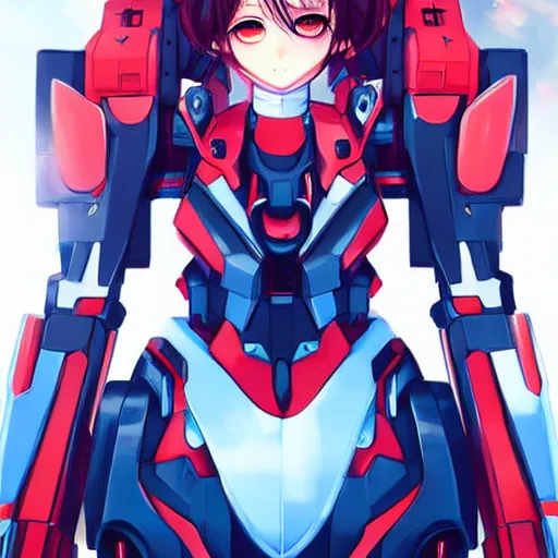 Image similar to digital anime art, cute mech girl wearing a red mech suit. blue eyes. wlop, rossdraws, sakimimichan