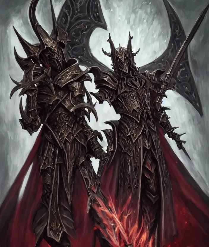 Image similar to ainz ooal gown wears daedric armor and casts the ultimate spell on an army of knights, oil painting!!!, runes, overlord!!!, magic, dark, gloomy, portrait, character portrait, concept art, symmetrical, 4 k, macro detail, realistic shadows, bloom, cosplay, anime, dviant art