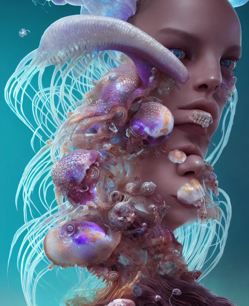 Prompt: goddess princess face close-up portrait ram skull. jellyfish phoenix head, nautilus, orchid, skull, betta fish, bioluminiscent creatures, intricate artwork by Tooth Wu and wlop and beeple. octane render, trending on artstation, greg rutkowski very coherent symmetrical artwork. cinematic, hyper realism, high detail, octane render, 8k