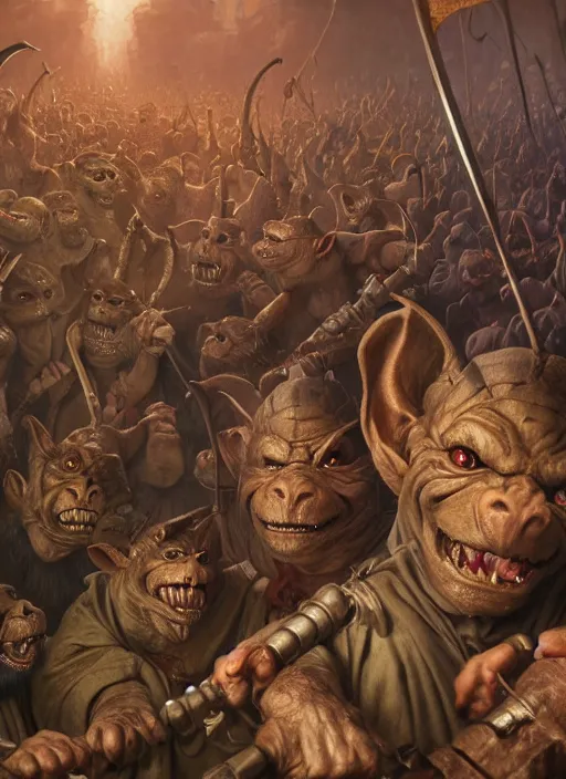 Prompt: highly detailed closeup group portrait of medieval goblins having a party, stephen bliss, unreal engine, greg rutkowski, ilya kuvshinov, ross draws, hyung tae and frank frazetta, tom bagshaw, tom whalen, nicoletta ceccoli, mark ryden, earl norem, global illumination, god rays, detailed and intricate environment