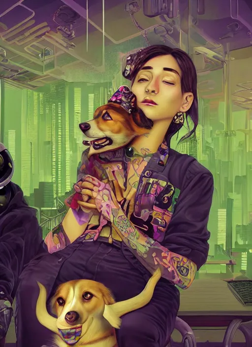 Prompt: beautiful portrait painting of a cute cannabis stoner lofi cyberpunk princess and her corgi assassin king chilling, by Afarin Sajedi, Alessandro Barbucci, Alex Gross, Shin Jeongho, Shohei Otomo. trending on Artstation, 8k, masterpiece, face enhance, graffiti paint, fine detail, full of color, intricate detail, golden ratio illustration