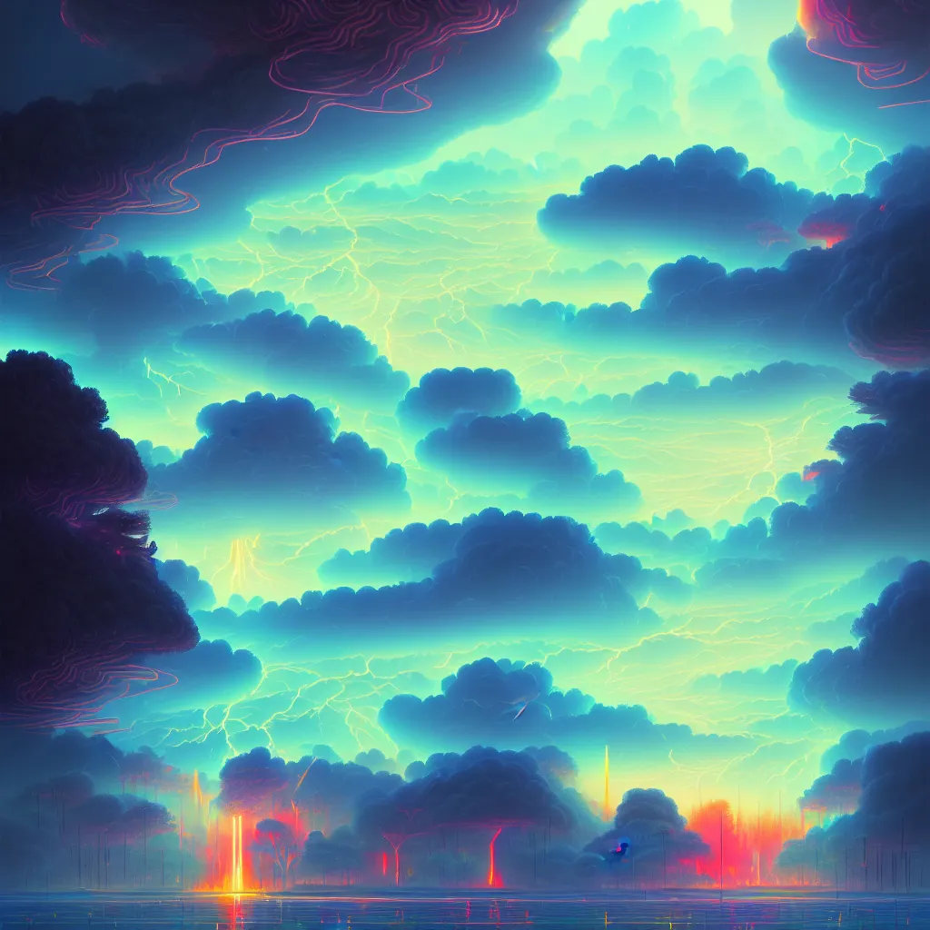 Image similar to illustration of a data-center, connector, firewall, cloud, security, river, trees, thunderstorm, trending on Artstation, painting by Jules Julien, Leslie David and Lisa Frank and Peter Mohrbacher and Alena Aenami and Dave LaChapelle muted colors with minimalism
