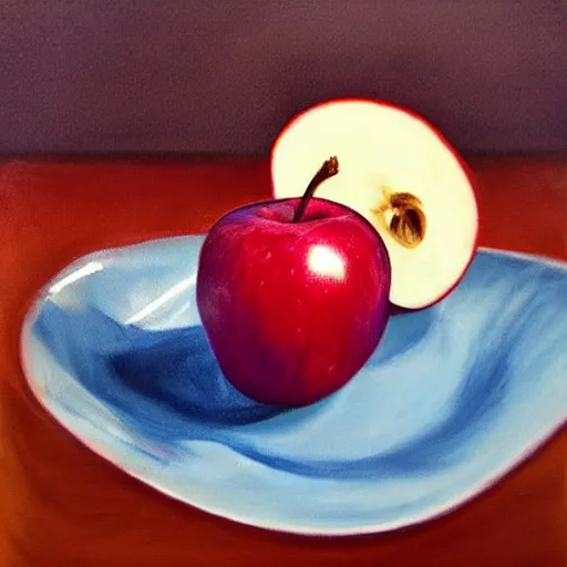 Prompt: blue apple in bowl with red apples