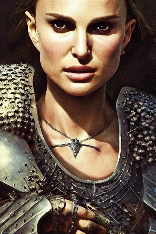 Image similar to natalie portman, legendary warrior, heroic, lord of the rings, tattoos, decorative ornaments, battle armor, by carl spitzweg, ismail inceoglu, vdragan bibin, hans thoma, greg rutkowski, alexandros pyromallis, perfect face, fine details, realistic shading photorealism