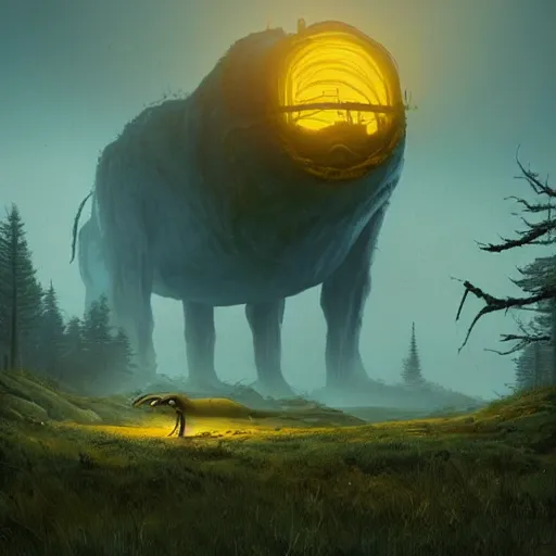 Image similar to giant creature lurking over a cowering smaller creature, in the foreground a small town, epic science fiction horror digital matte painting by Simon Stalenhag and Mark Brooks, extremely detailed, artstation