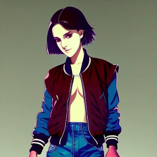 Image similar to a beautiful! boyish! natalie portman alluring gravure! model, wearing oversized mayan bomber jacket and leotard with overalls, bulky poofy bomber jacket with mayan patterns, gapmoe yandere grimdark, trending on pixiv fanbox, painted by greg rutkowski makoto shinkai takashi takeuchi studio ghibli, akihiko yoshida