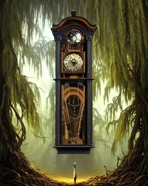 Image similar to highly detailed surreal vfx portrait of a cursed grandfather clock in a shadowy forest by a willow tree, stephen bliss, unreal engine, greg rutkowski, loish, rhads, beeple, makoto shinkai and lois van baarle, ilya kuvshinov, rossdraws, tom bagshaw, alphonse mucha, global illumination, detailed and intricate environment