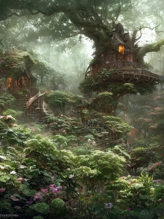 Prompt: worm's eye view of a elven headquarters tree house and flower garden, neat and tidy, magical, natural light, fantasy, sharp focus, concept art, by greg rutkowski and craig mullins, cozy atmospheric