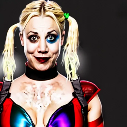 Image similar to A still of Kaley Cuoco as Harley Quinn